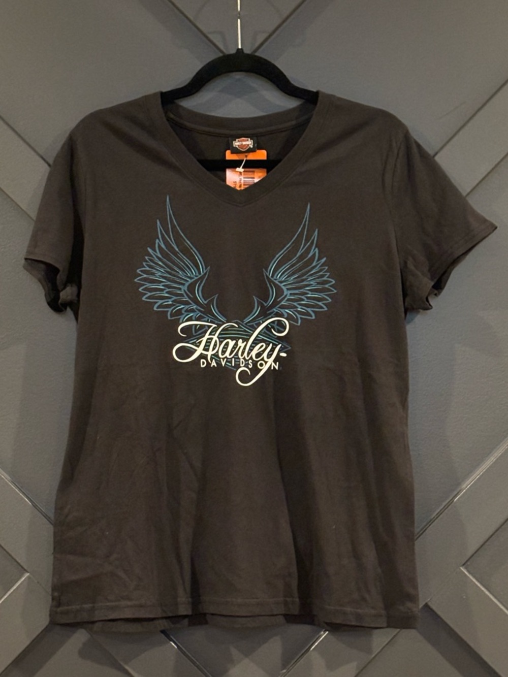 NWT Harley-Davidson Black V-Neck T-Shirt with Blue Wing Graphic